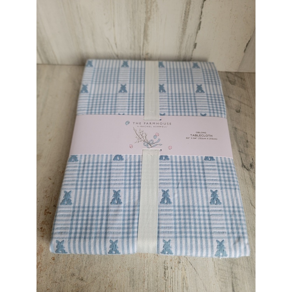 Farmhouse Rachel Ashwell blue rabbit plaid oblong tablecloth Easter‎ spring